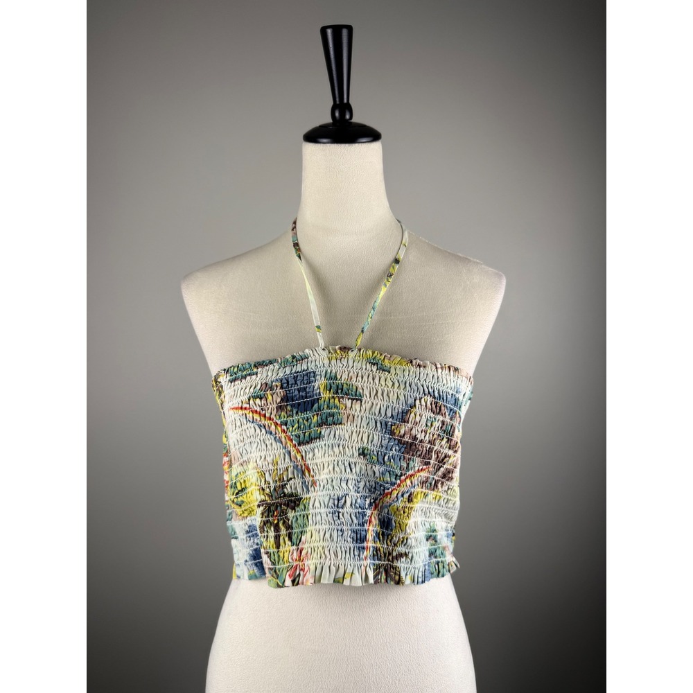 Polo Ralph Lauren Halter Top Womens L Kauai Yellow NWT Smocked Tropical Crop